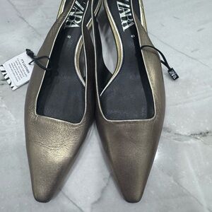 Zara kitten heels golden leather sling back shoes heels 9 40